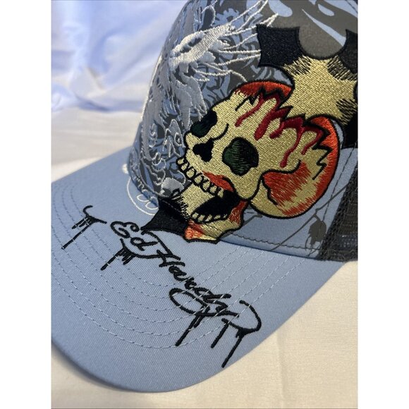 Ed Hardy Trucker Hat Embroidered Tattoo Eagle Skull Blue Mesh Snapback Cap New - Picture 2 of 15